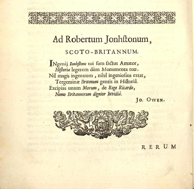 Historia Rerum Britannicarum 1572-1628 - 2 verso encomium 'Ad Robertum Johnstonum' including decorations