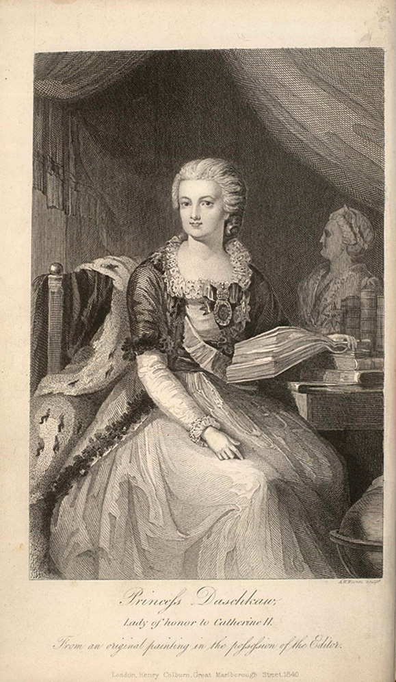 Vol 1 frontispiece: Portrait of Ekaterina Daschkova as a lady-in-waiting to Catherine the Great